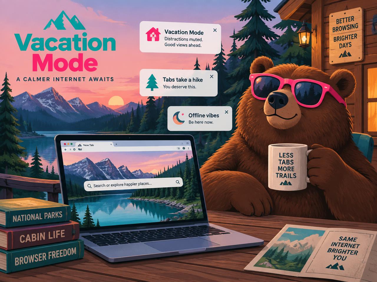 Vacation Mode poster: a laptop showing a mountain lake browser tab beside a bear in pink sunglasses