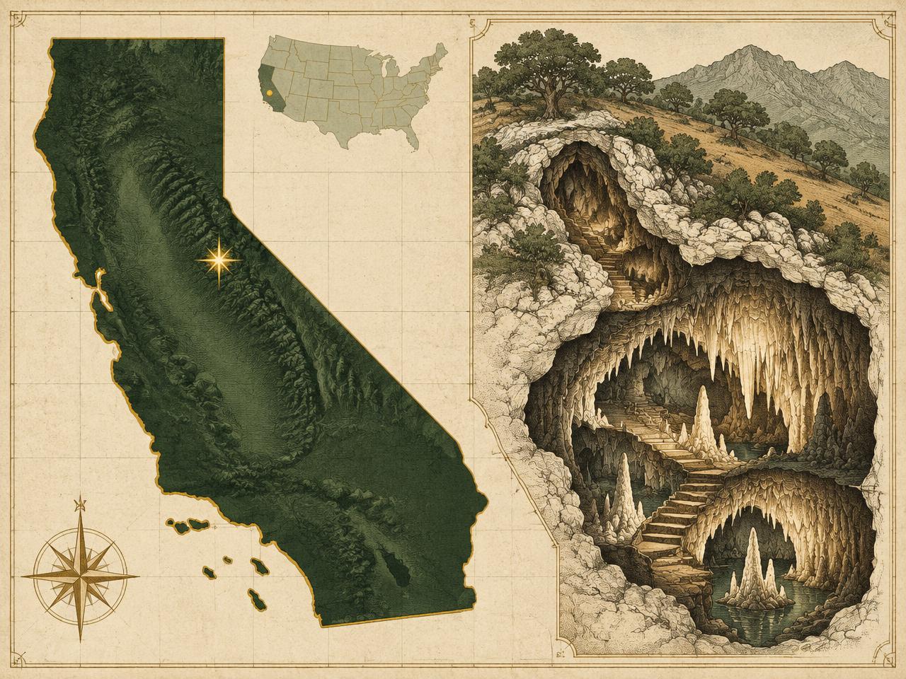 Illustrated antique-style map of California inside the United States with a gold marker near Murphys, with an engraved cutaway of a narrow crystal-lined cave passage under foothill oaks