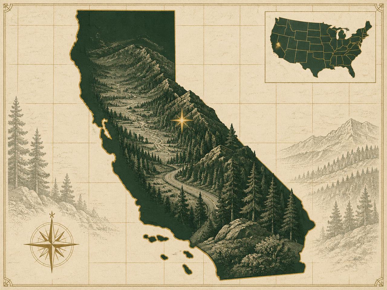 Illustrated antique-style map of California inside the United States with a gold marker on the town of Arnold in the central Sierra Nevada, surrounded by engraved pine forest and a winding mountain highway