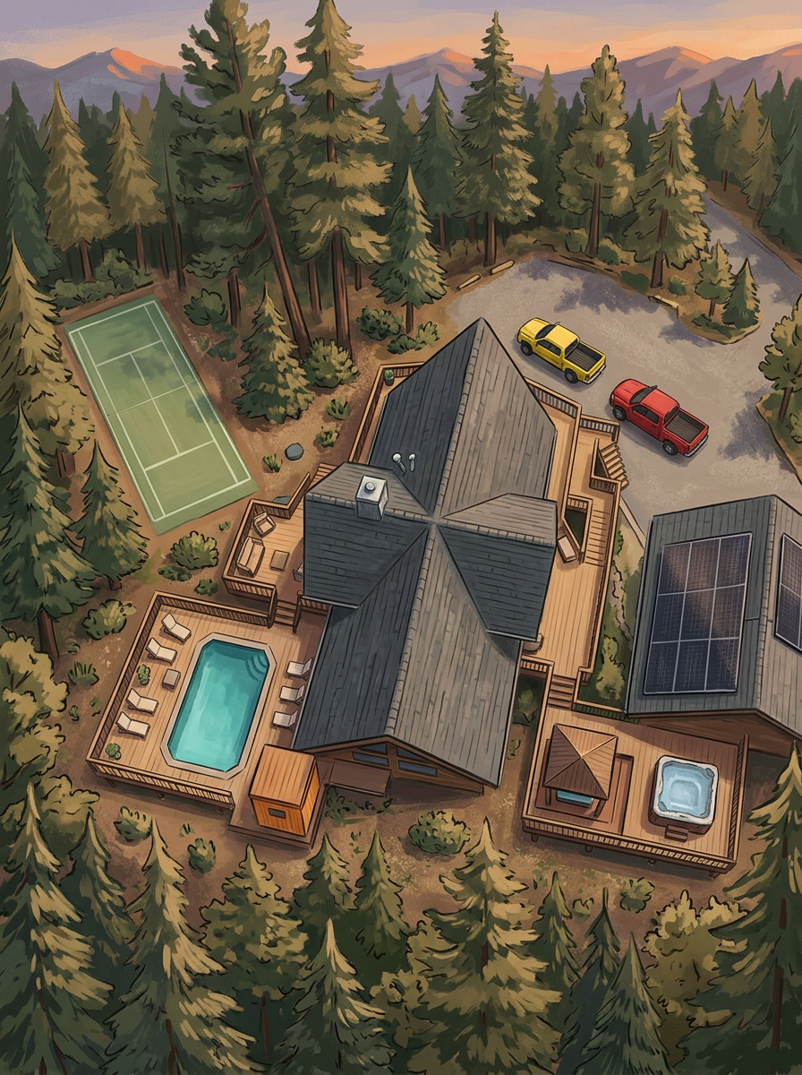 Illustrated aerial view of Chalet Bruin among the pines, showing the planned pool and deck, sauna, hot tub gazebo, sports court, expanded parking and rooftop solar