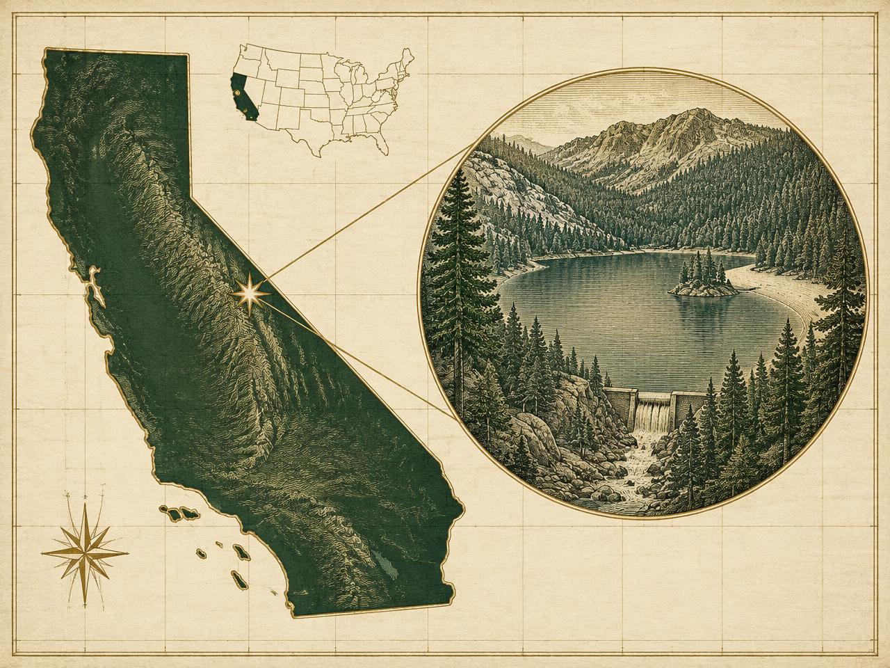 Illustrated antique-style map of California inside the United States with a gold marker on White Pines Lake near Arnold, with an engraved forest lake, dam and swimming beach