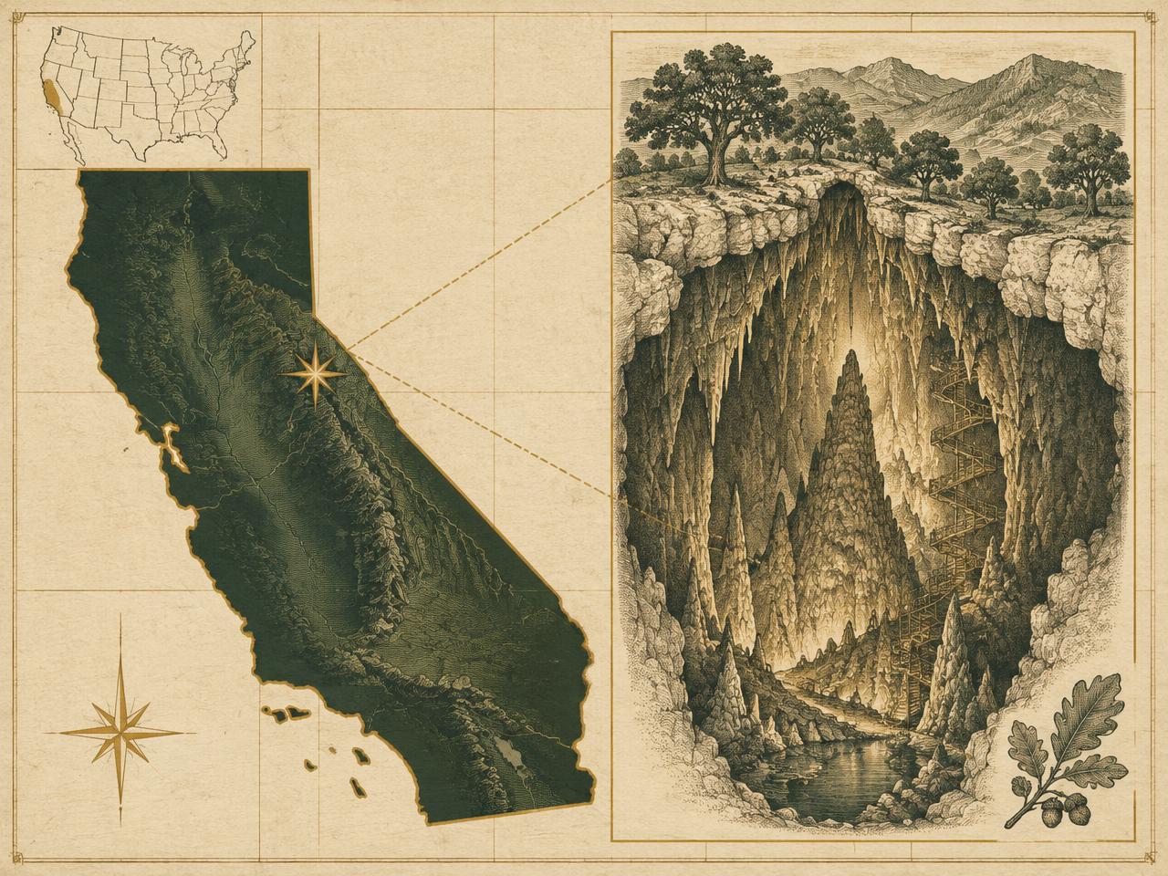 Illustrated antique-style map of California inside the United States with a gold marker near Vallecito, with an engraved cutaway of a tall vertical cavern chamber beneath oak-covered hills