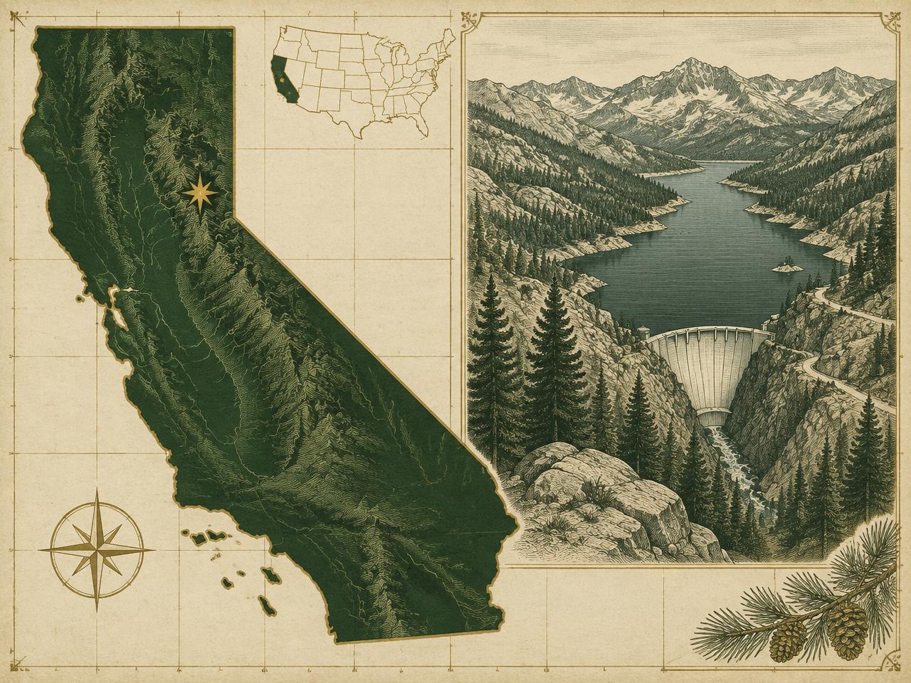 Illustrated antique-style map of California inside the United States with a gold marker at Spicer Meadow Reservoir, with an engraved long high-country reservoir, dam and granite ridges