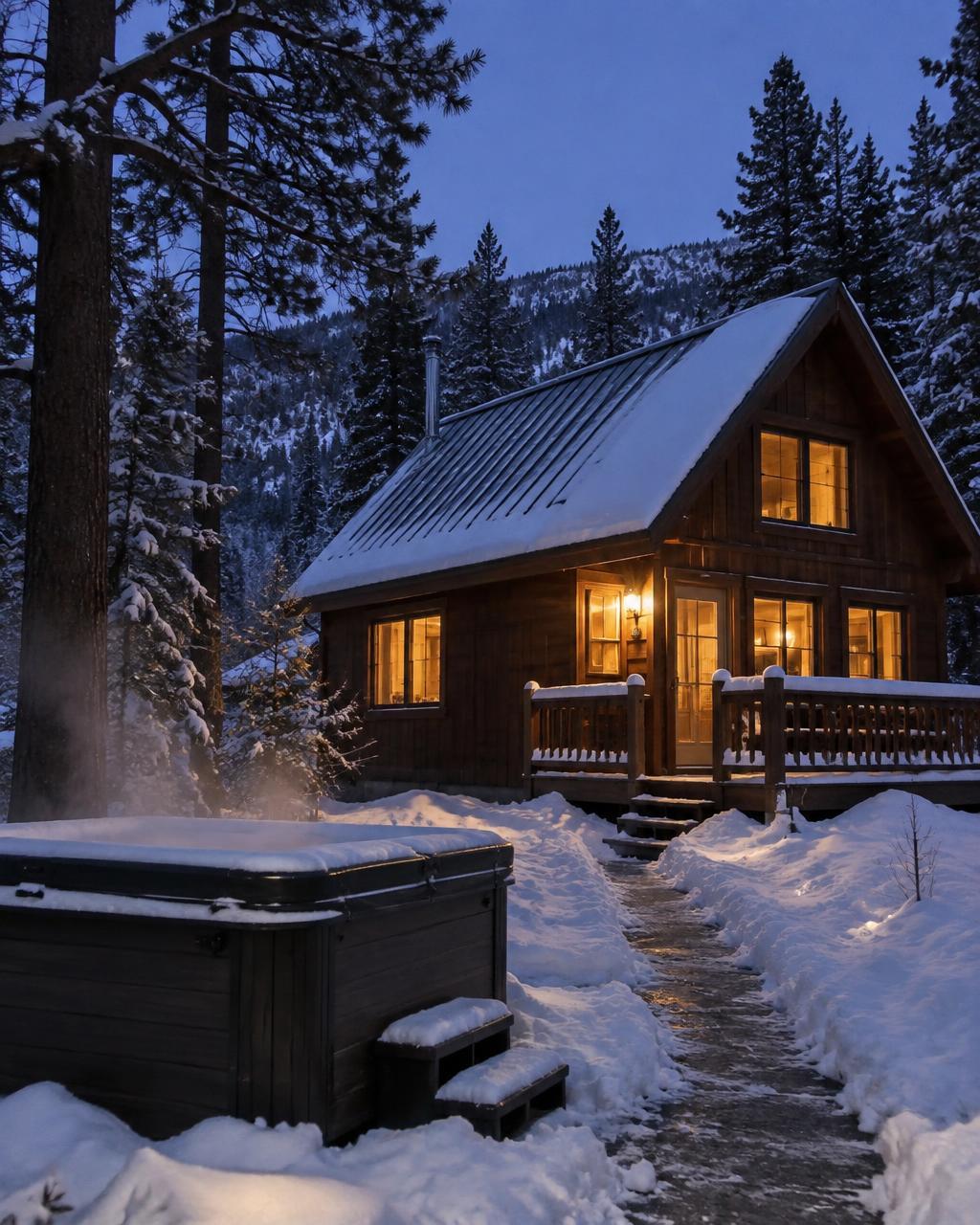 A wood cabin glowing at winter dusk with snow on the roof and a hot tub on the shoveled path