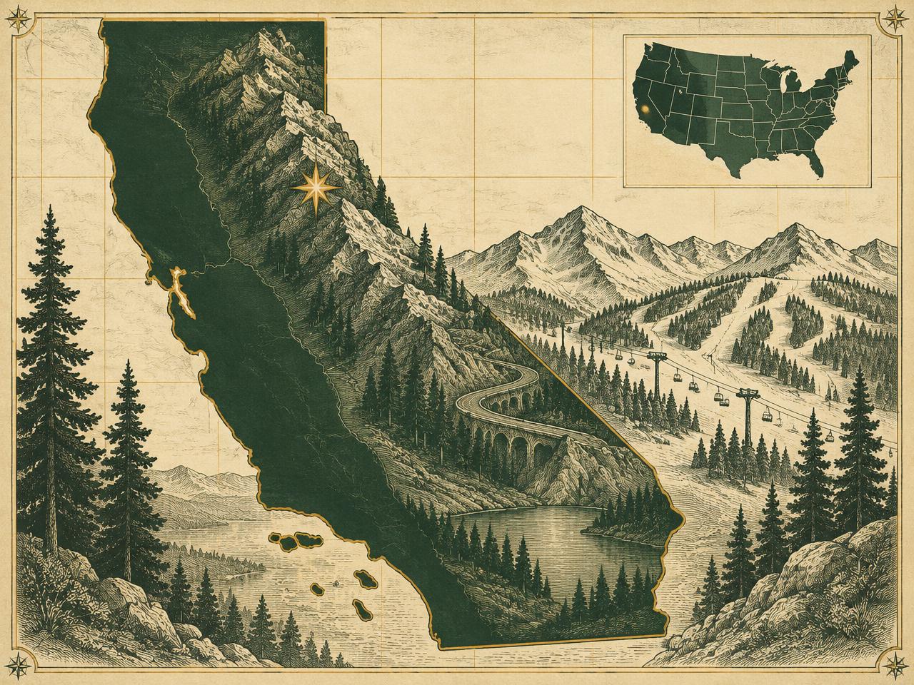 Illustrated antique-style map of California inside the United States with a gold marker on Bear Valley high on the Sierra Nevada crest, with engraved snowy peaks, ski runs and a mountain pass road