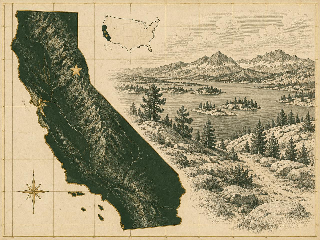 Illustrated antique-style map of California inside the United States with a gold marker at Utica Reservoir, with an engraved shallow granite-rimmed reservoir dotted with rocky islets and wind-bent pines