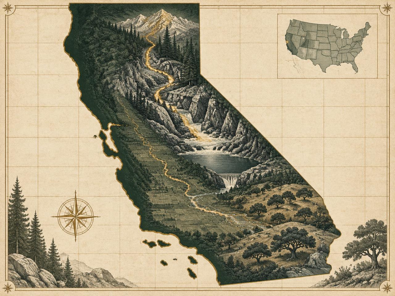 Illustrated antique-style map of California inside the United States with a gold marker tracing the Stanislaus River from the Sierra Nevada crest through canyons to the Central Valley