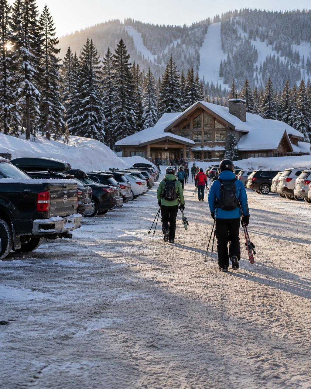 Skiers walking through a snowy base parking lot toward the lodge in early morning light
