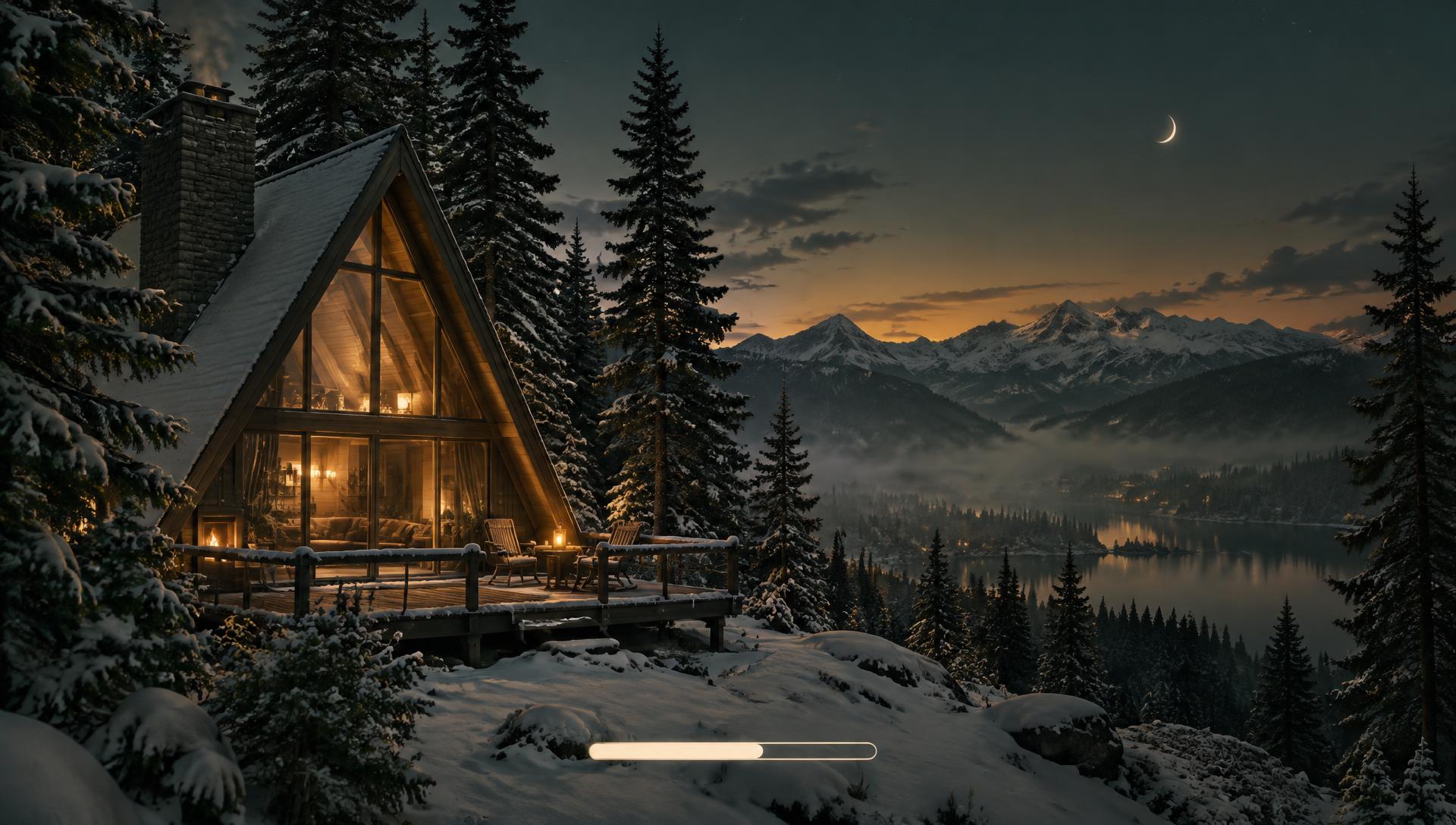 Warm-lit A-frame cabin among snowy pines at dusk, used as a desktop wallpaper