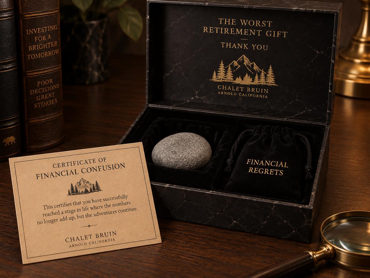 Black presentation box holding a grey pebble and a velvet pouch, with a printed certificate alongside