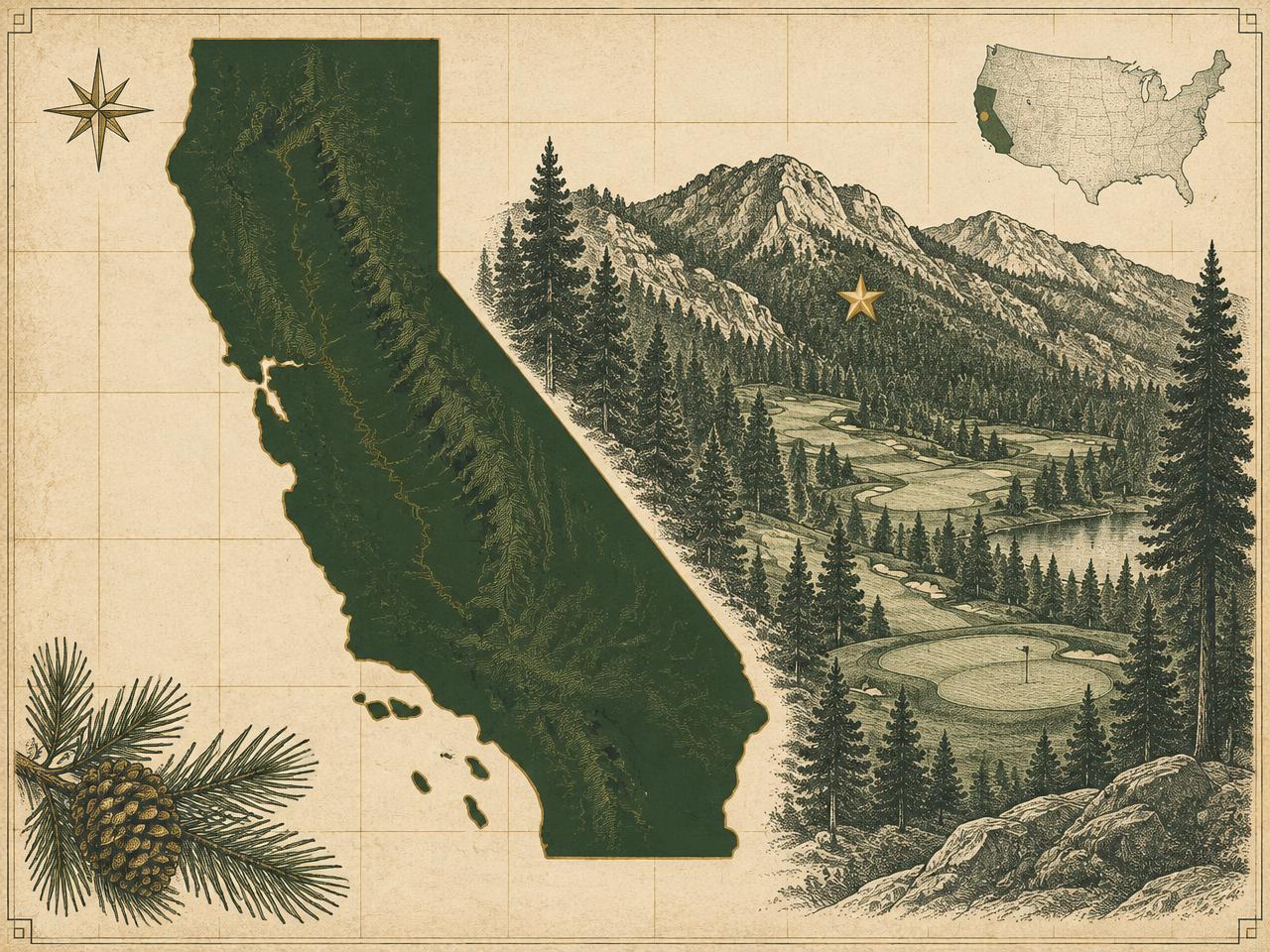 Illustrated antique-style map of California inside the United States with a gold marker on Sequoia Woods in Arnold, with engraved mountain golf fairways among tall conifers