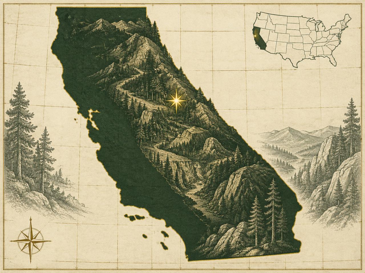 Illustrated antique-style map of California inside the United States with a gold marker on the Arnold Rim Trail in the central Sierra Nevada, with engraved ridge trail, river canyon and granite outcrops