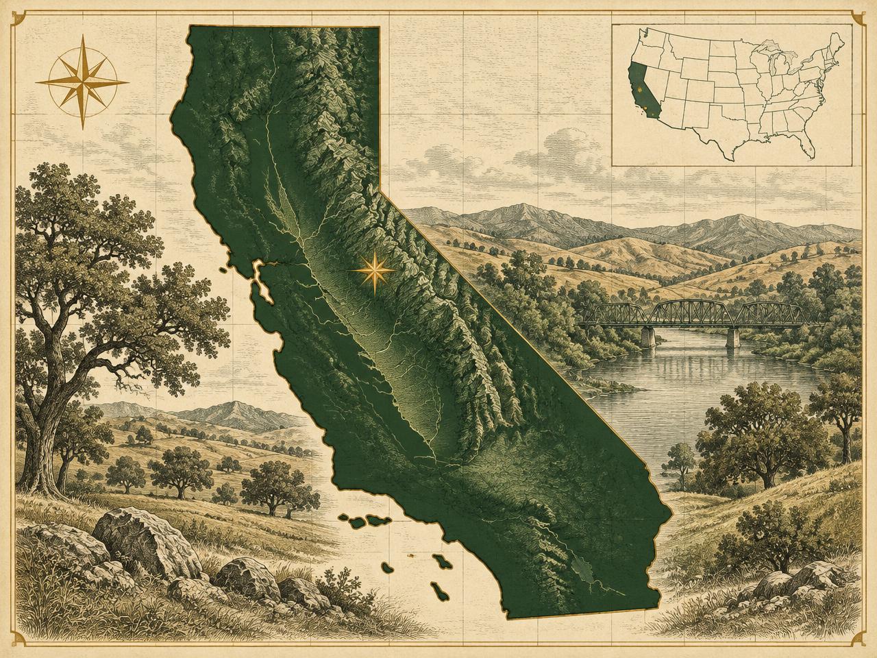 Illustrated antique-style map of California inside the United States with a gold marker on Knights Ferry in the Central Valley foothills, with engraved oak savanna, a broad river and a covered bridge