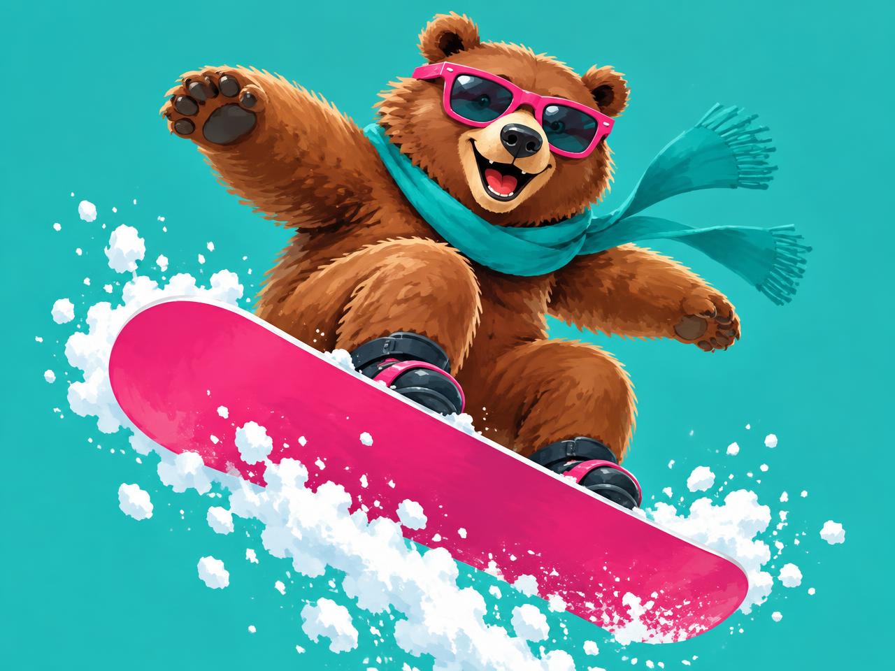 Illustration of a brown bear in pink sunglasses riding a pink snowboard