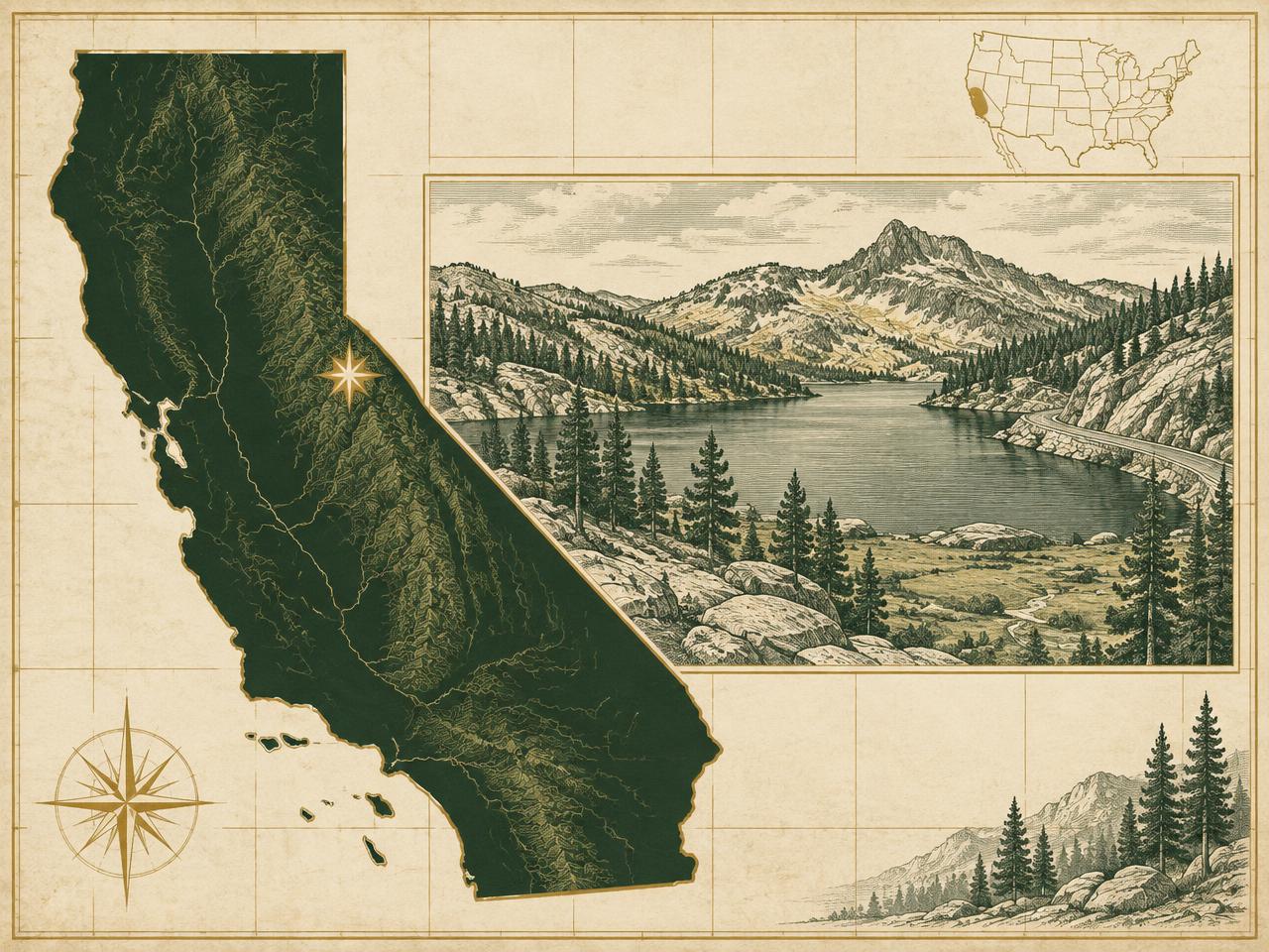 Illustrated antique-style map of California inside the United States with a gold marker on Lake Alpine high in the Sierra Nevada, with an engraved granite-rimmed lake, lodgepole pines and a pass road