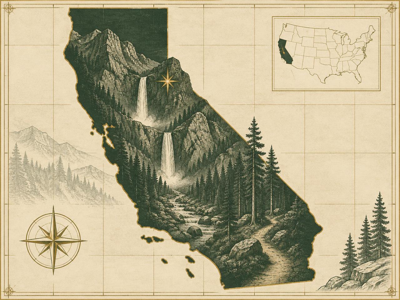 Illustrated antique-style map of California inside the United States with a gold marker near Lake Alpine, with engraved twin waterfalls dropping over granite ledges into a forested creek gorge