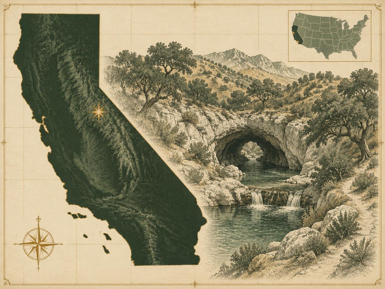 Illustrated antique-style map of California inside the United States with a gold marker at Natural Bridges near Vallecito, with an engraved creek flowing under a limestone arch into pools