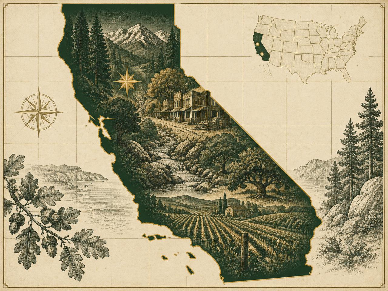 Illustrated antique-style map of California inside the United States with a gold marker on Murphys in the Sierra foothills, with an engraved gold rush main street, vineyards and oak groves