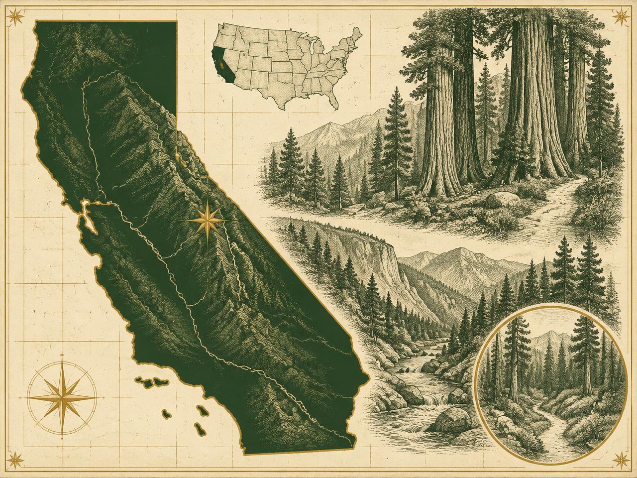 Illustrated antique-style map of California inside the United States with a gold marker on Calaveras Big Trees State Park, with engraved giant sequoia groves and a river canyon