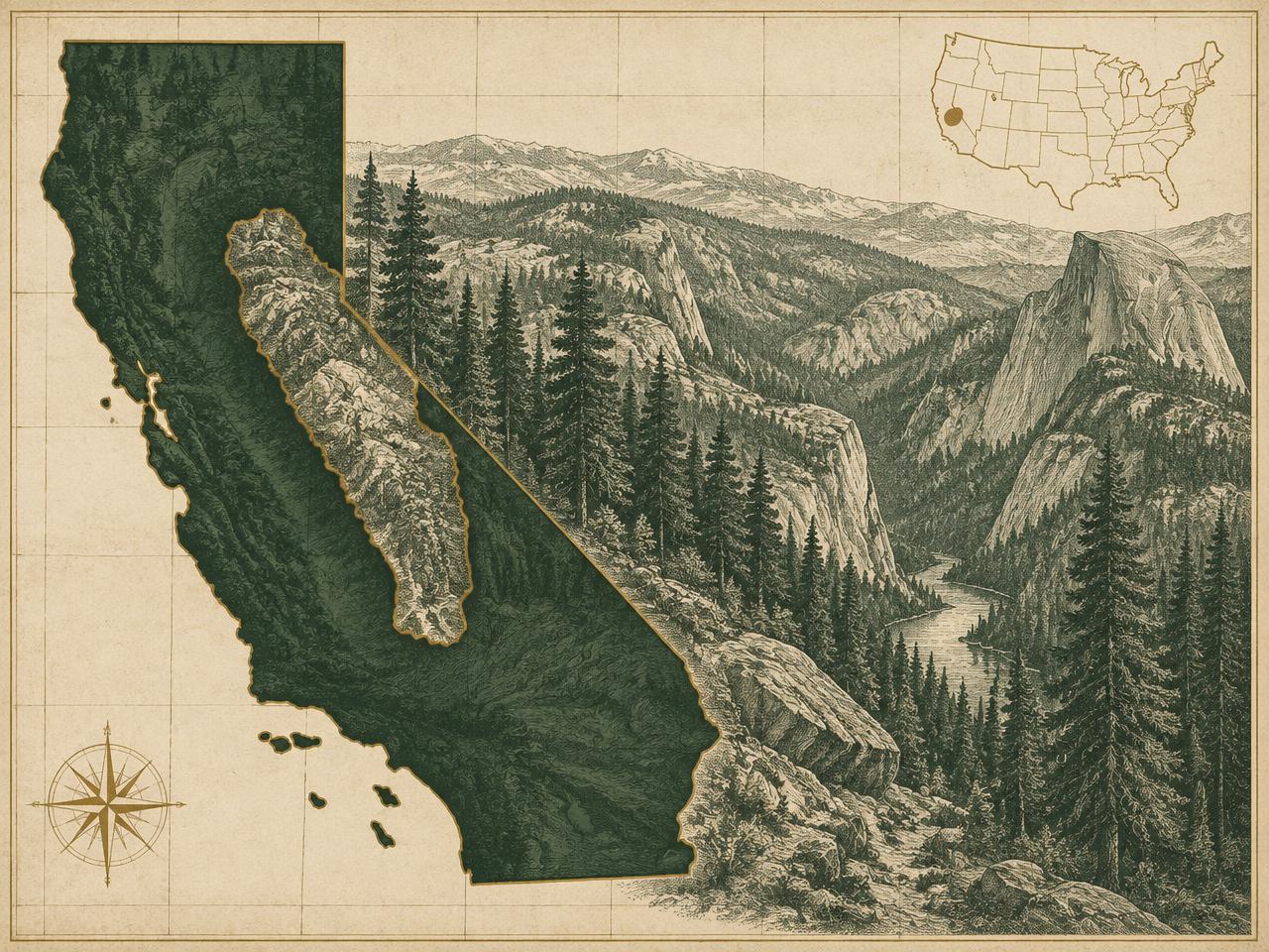 Illustrated antique-style map of California inside the United States with a gold marker highlighting the Stanislaus National Forest region along the central Sierra Nevada, with engraved conifer forest, granite domes and river canyons