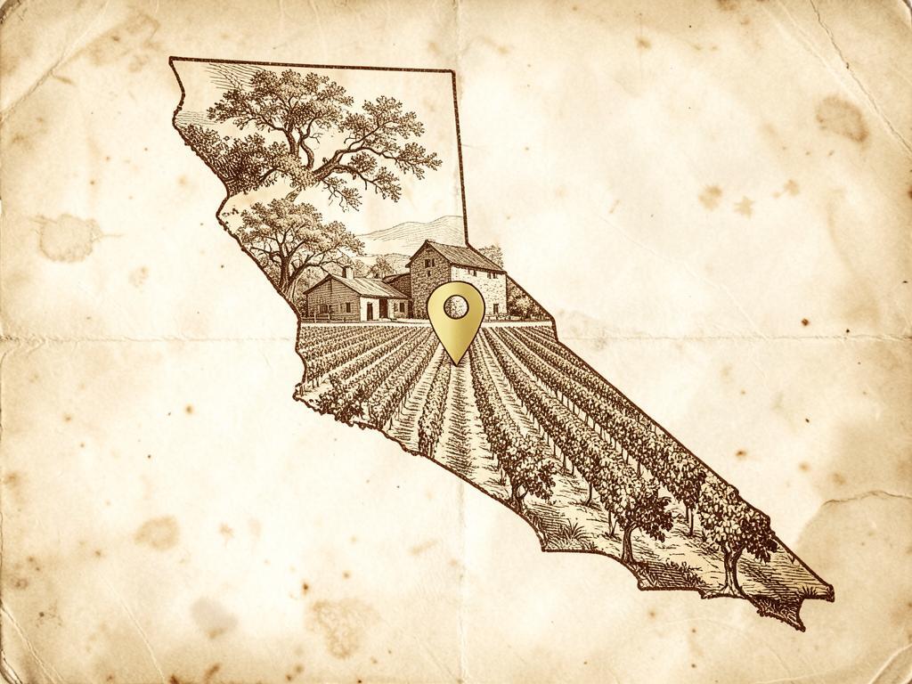 Illustrated antique-style map of California inside the United States with a gold marker on the Shenandoah Valley in Amador County