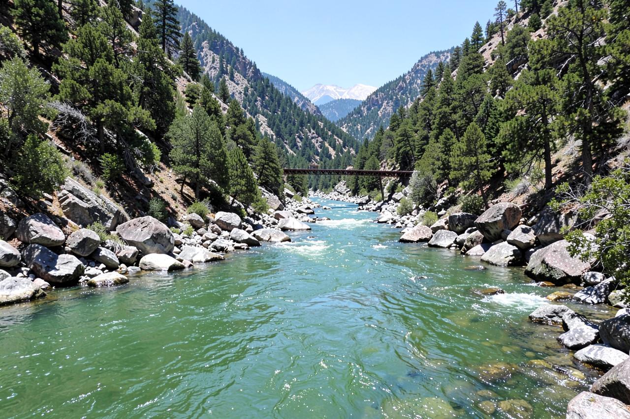 A wide green river canyon with granite boulders and pine slopes, an old iron bridge downstream