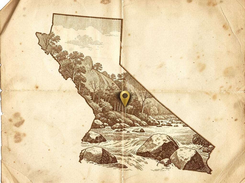 Illustrated antique-style map of California inside the United States with a gold marker on the South Fork of the American River near Coloma