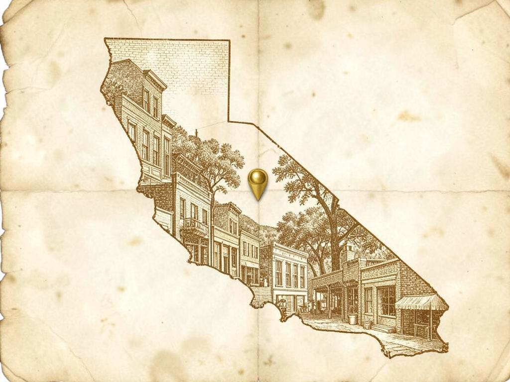 Illustrated antique-style map of California inside the United States with a gold marker on Angels Camp in the Sierra foothills