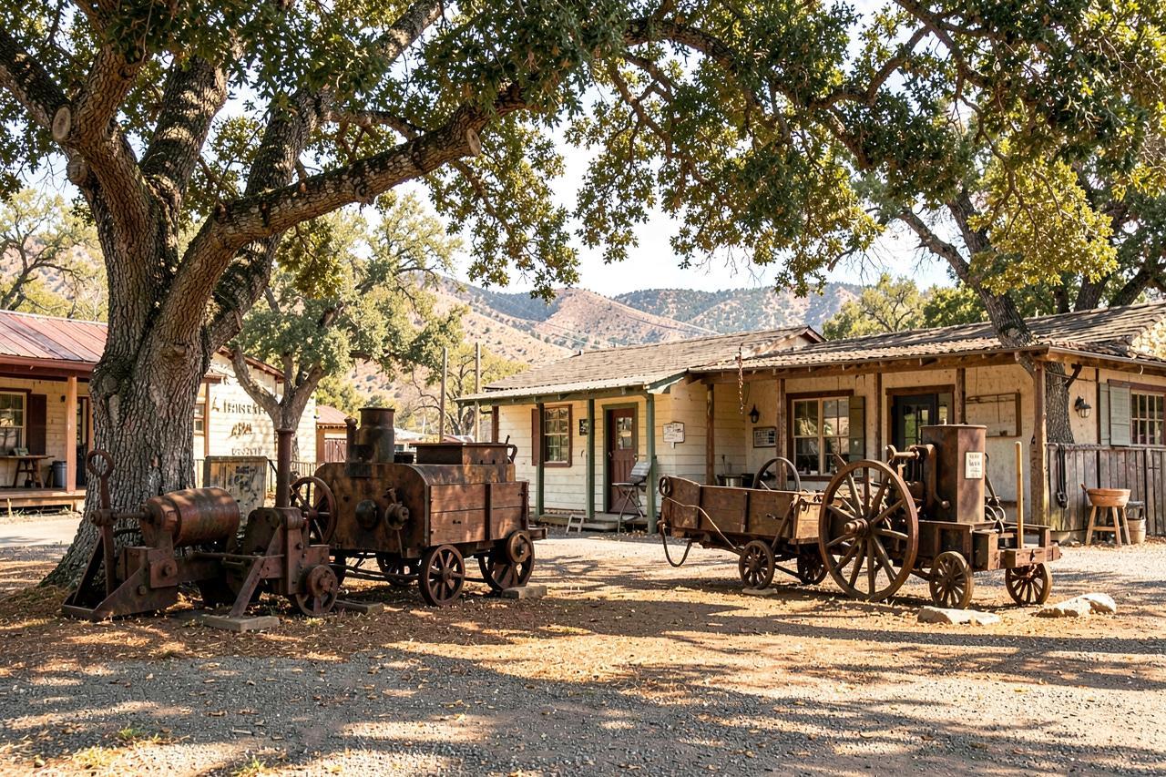 Old mining wagons and stamp-mill machinery in a museum yard under oak trees