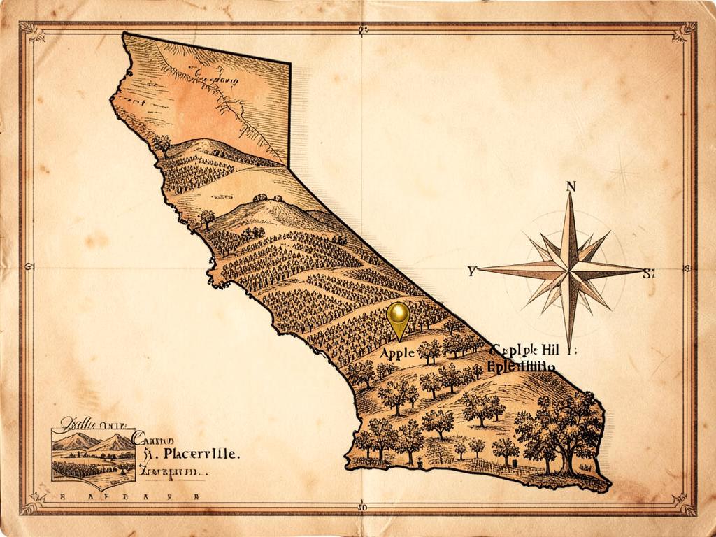 Illustrated antique-style map of California inside the United States with a gold marker on Apple Hill near Camino above Placerville