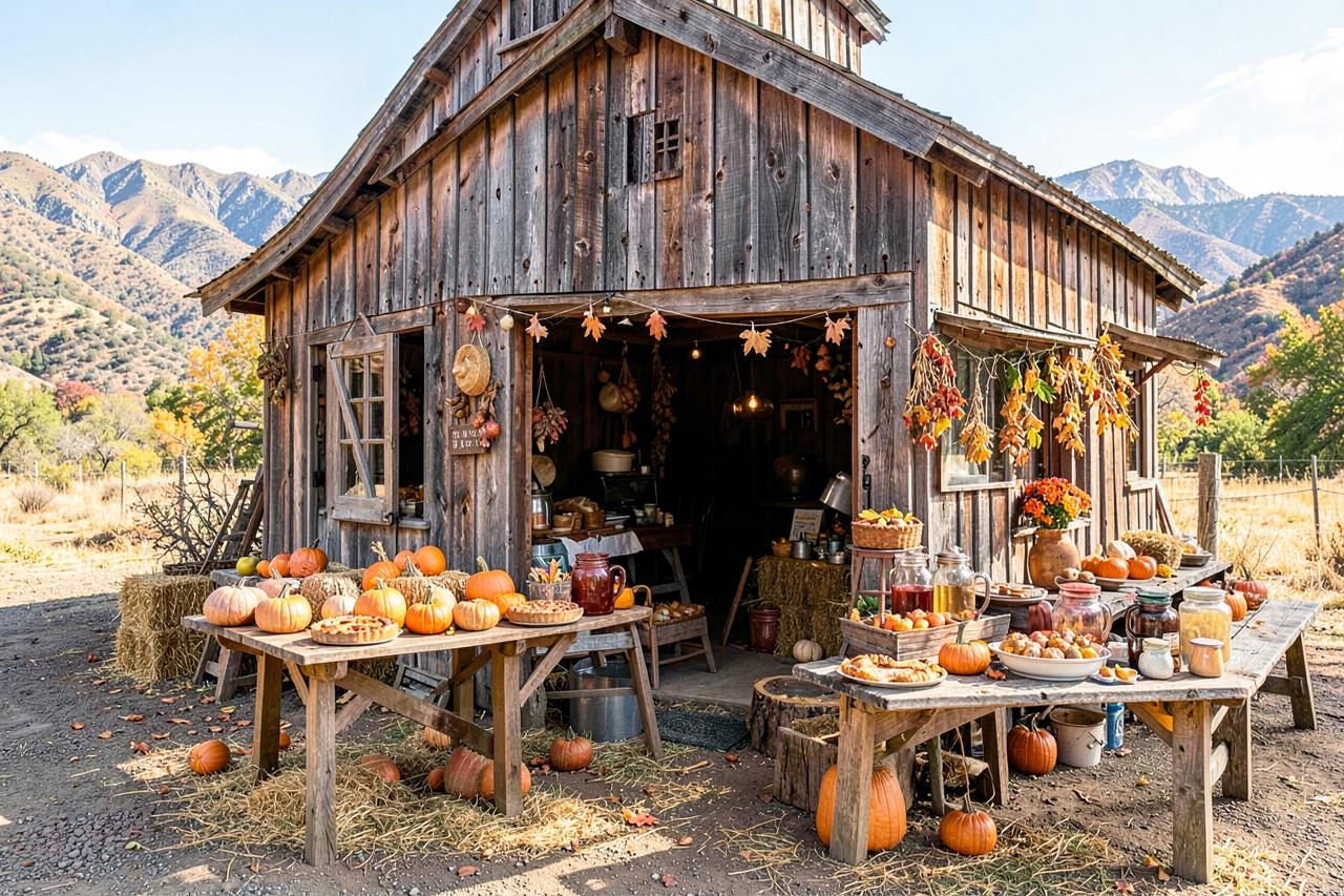 A wooden farm stand stacked with apple crates, pumpkins and pies under a canopy