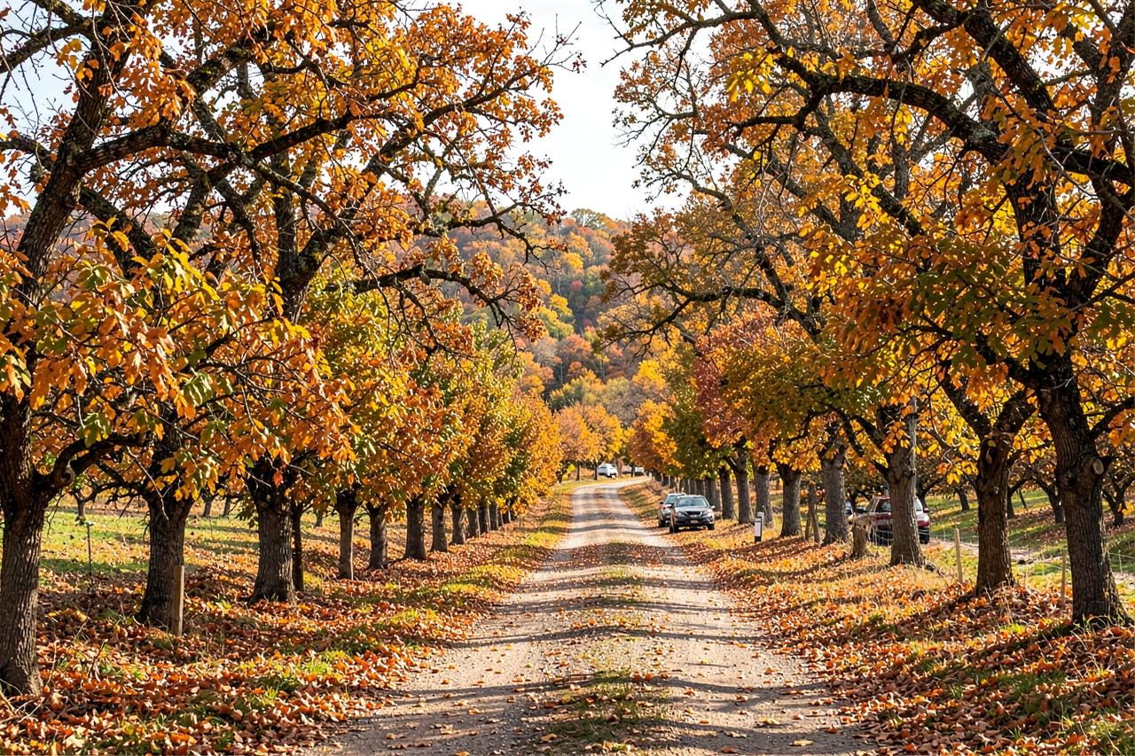 A narrow country lane between orchards with autumn colour and a line of parked cars