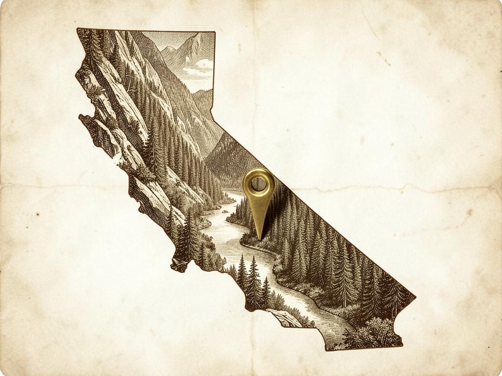 Illustrated antique-style map of California inside the United States with a gold marker on Beardsley Lake in the Stanislaus canyon, with an engraved narrow reservoir between steep forested walls