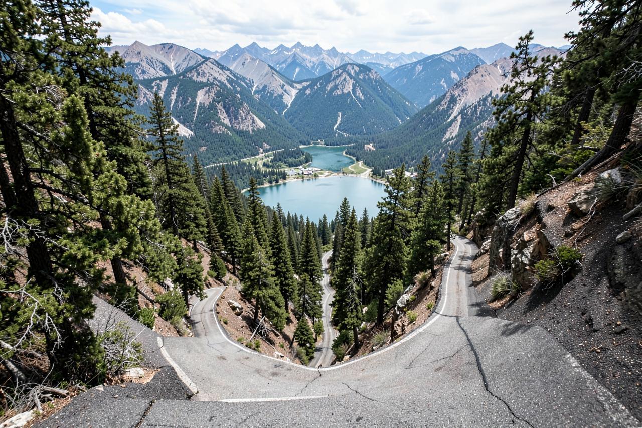 A steep switchback road descending through pine forest toward a reservoir