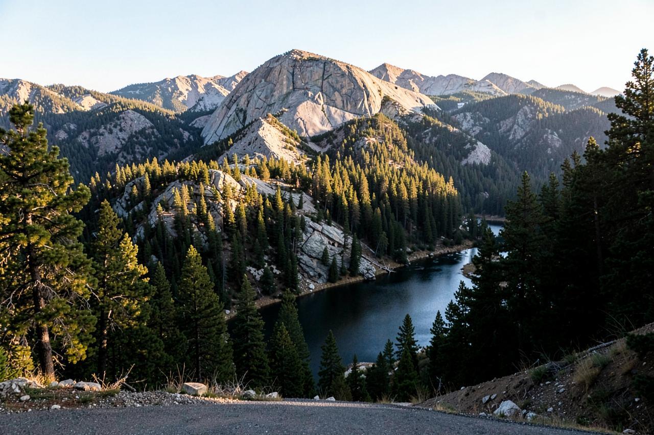 Granite domes and pine forest above the narrow water of Beardsley Lake