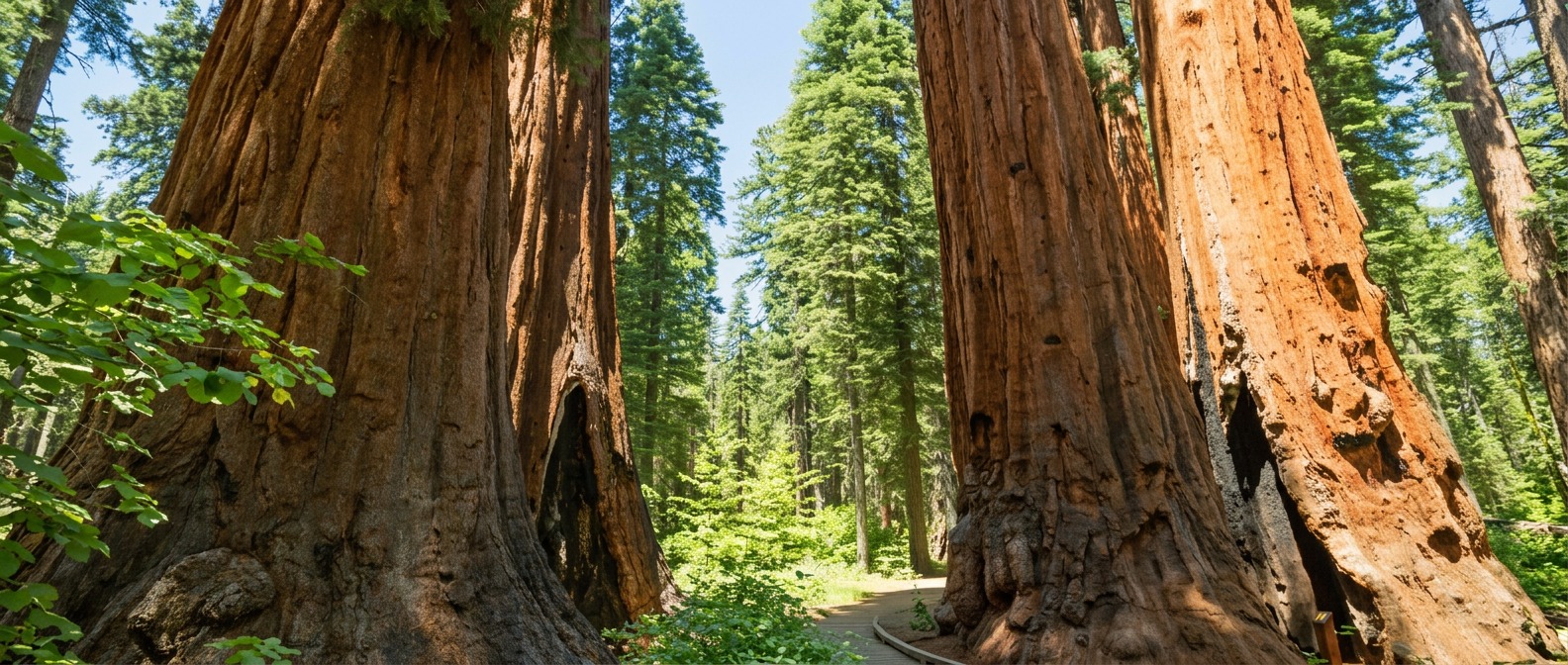 The wide bases of two giant sequoias beside a boardwalk in summer