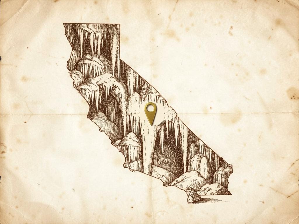 Illustrated antique-style map of California inside the United States with a gold marker on Black Chasm Cavern near Volcano