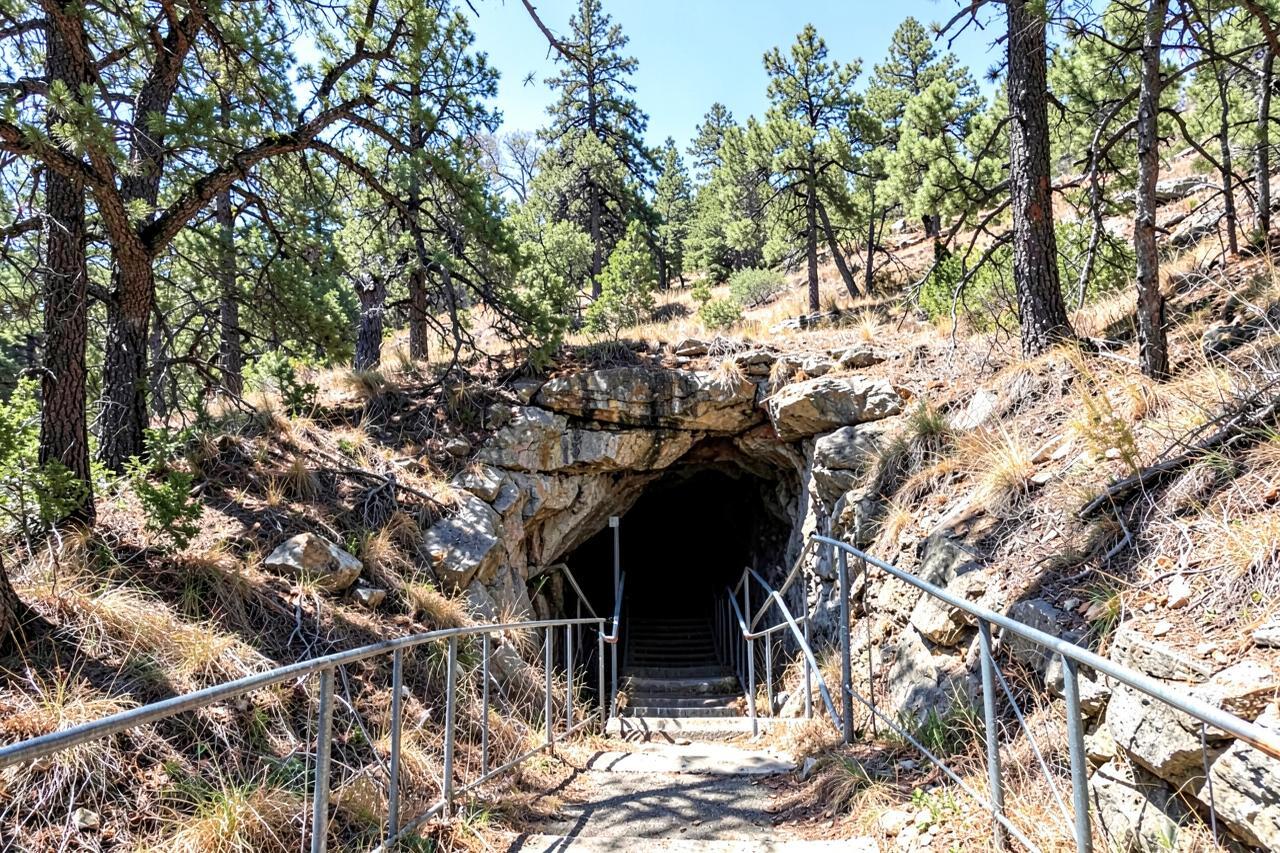 A fenced stairway descending into a rock cave entrance in pine and oak woodland