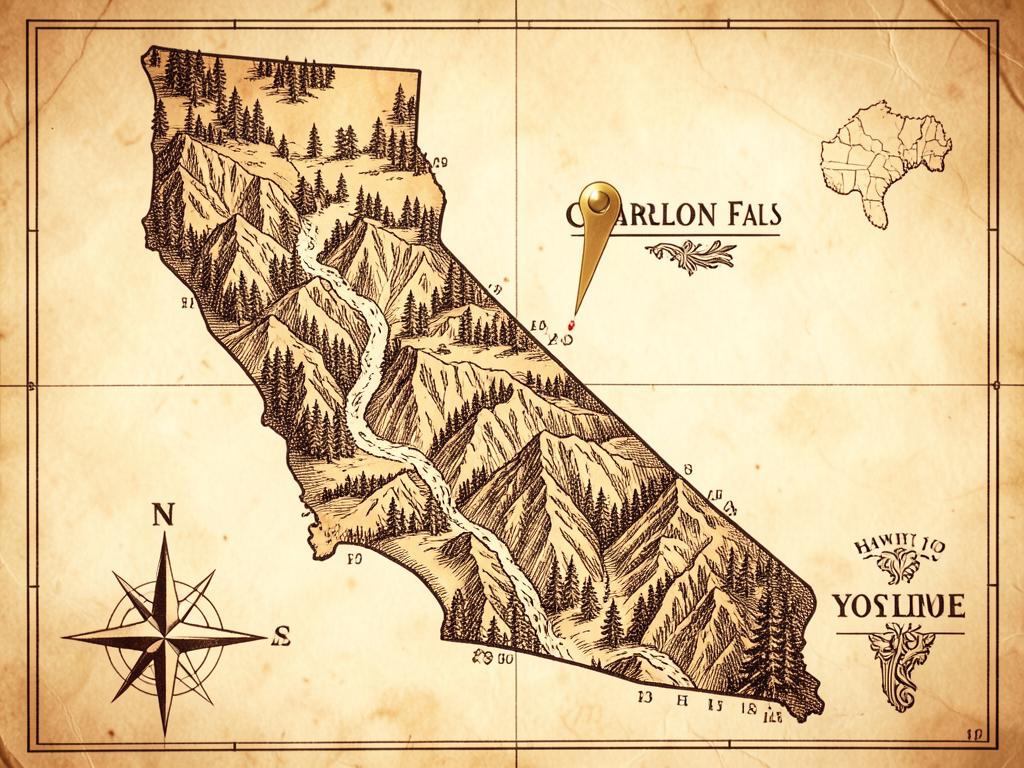 Illustrated antique-style map of California inside the United States with a gold marker on Carlon Falls near the Big Oak Flat Yosemite entrance