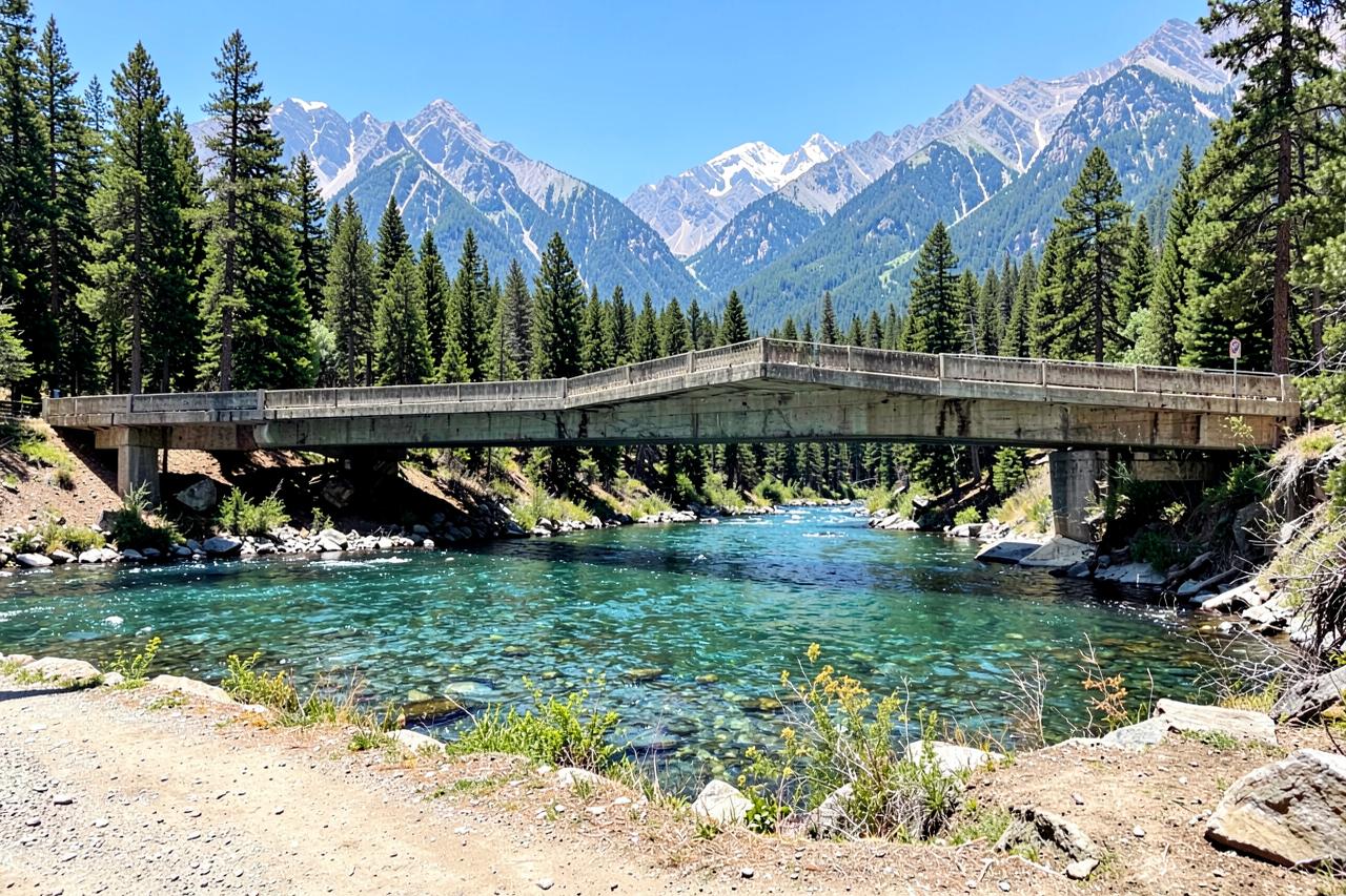An old concrete bridge over a green Sierra river with pines on both banks