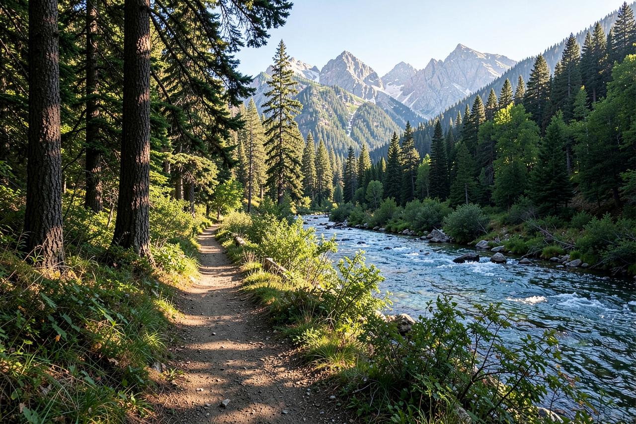 A narrow dirt footpath following a clear river through cedar and dogwood in dappled light