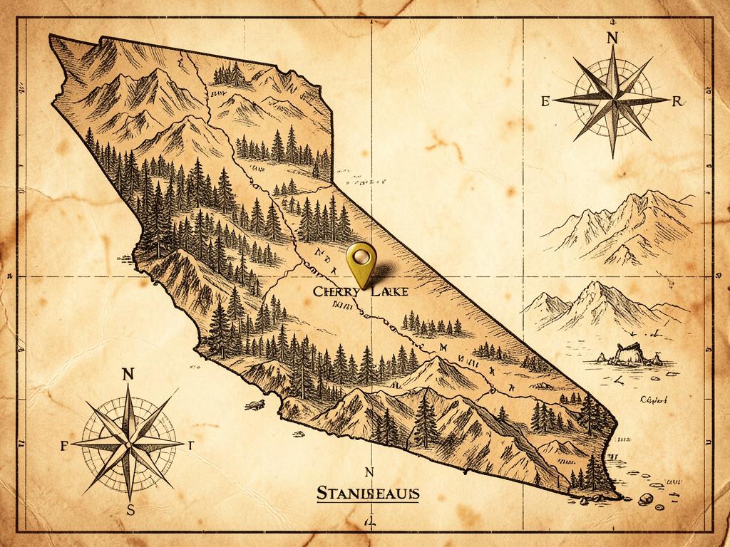 Illustrated antique-style map of California inside the United States with a gold marker on Cherry Lake in the Stanislaus National Forest