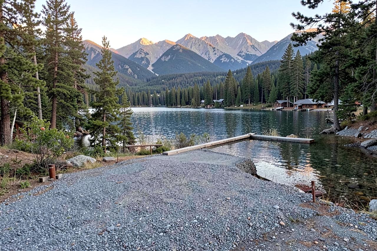 A rustic pine-shaded campsite with a picnic table and fire ring near a reservoir shore