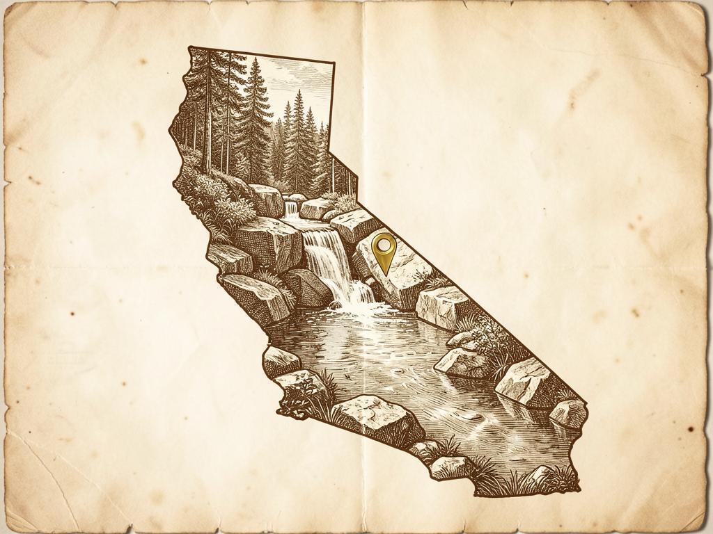 Illustrated antique-style map of California inside the United States with a gold marker on Cleo's Bath above Pinecrest Lake, with engraved granite slabs, a river pool and pine forest