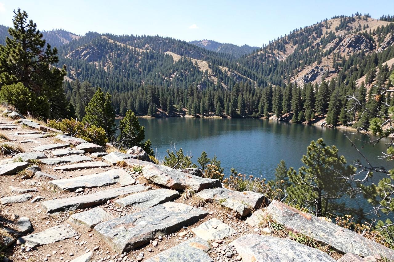 The rocky lakeshore trail crossing granite slabs beside Pinecrest Lake