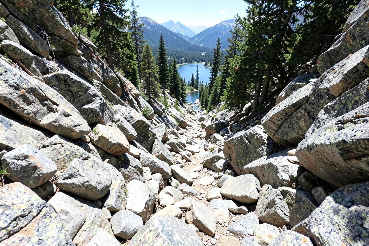 A boulder-choked granite drainage with a faint use-trail climbing between slabs above Pinecrest Lake