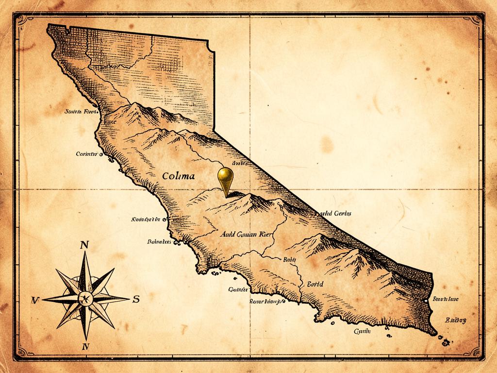 Illustrated antique-style map of California inside the United States with a gold marker on Coloma on the South Fork of the American River