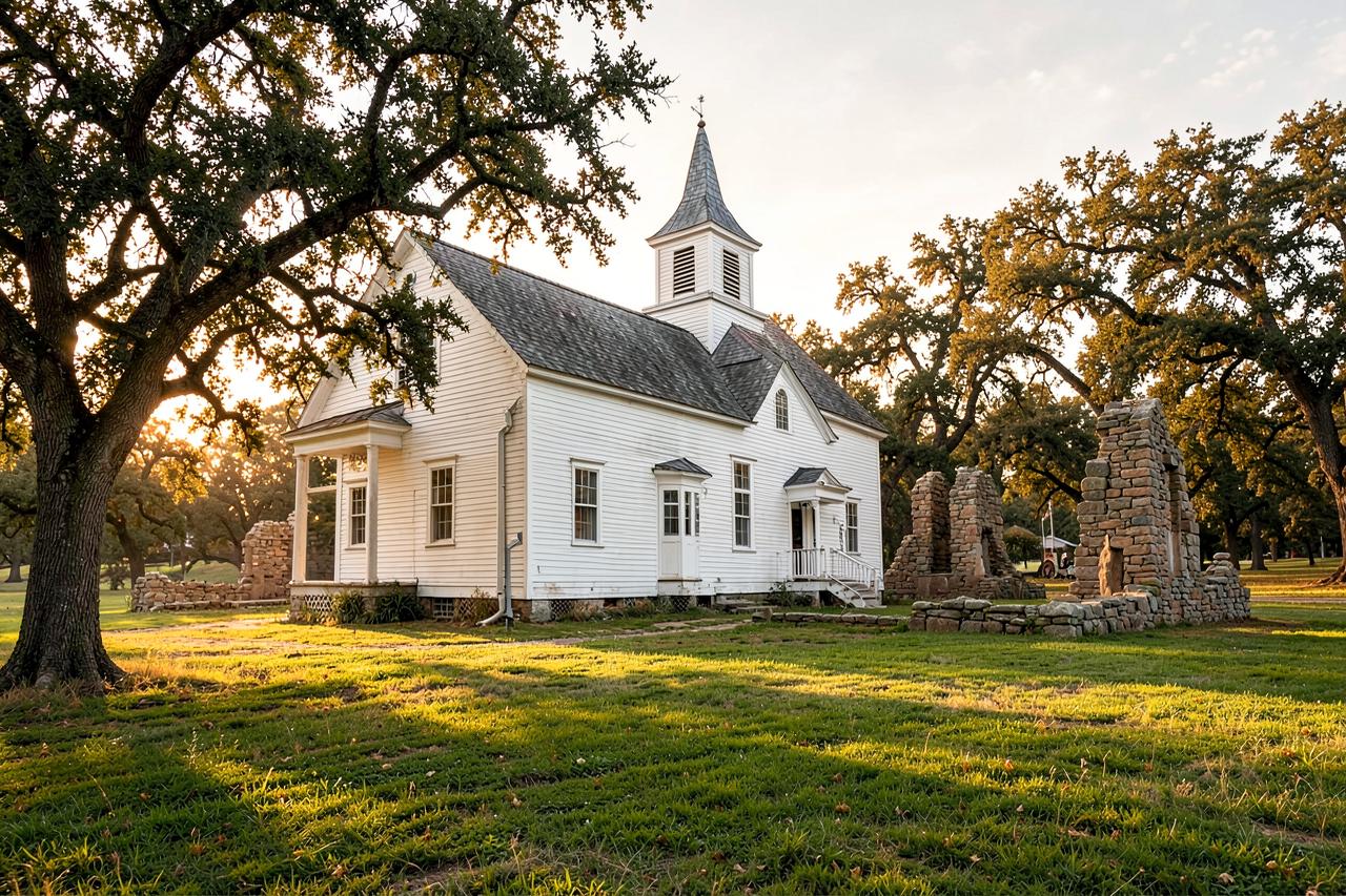 A restored nineteenth-century clapboard building under oaks with interpretive signs