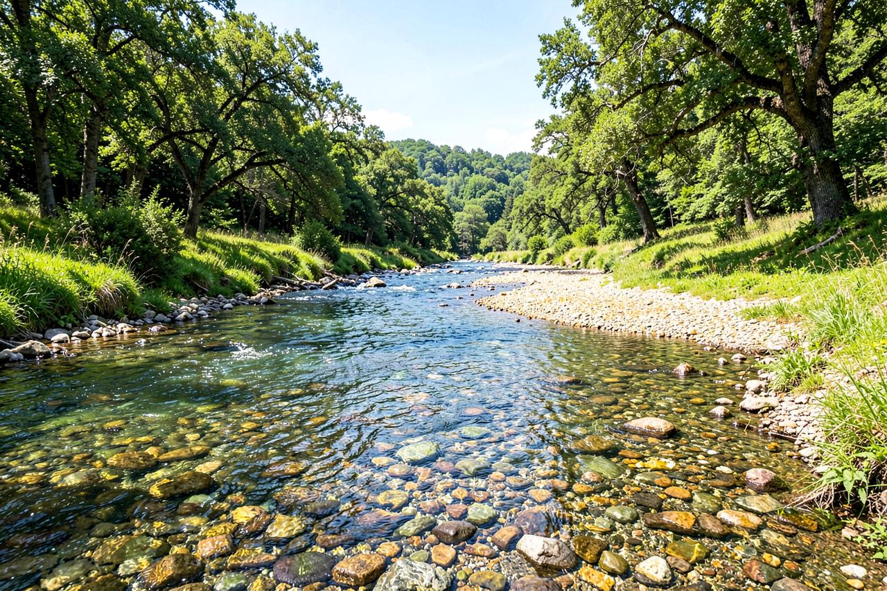 A wide green river running over gravel bars between oak-covered foothill slopes