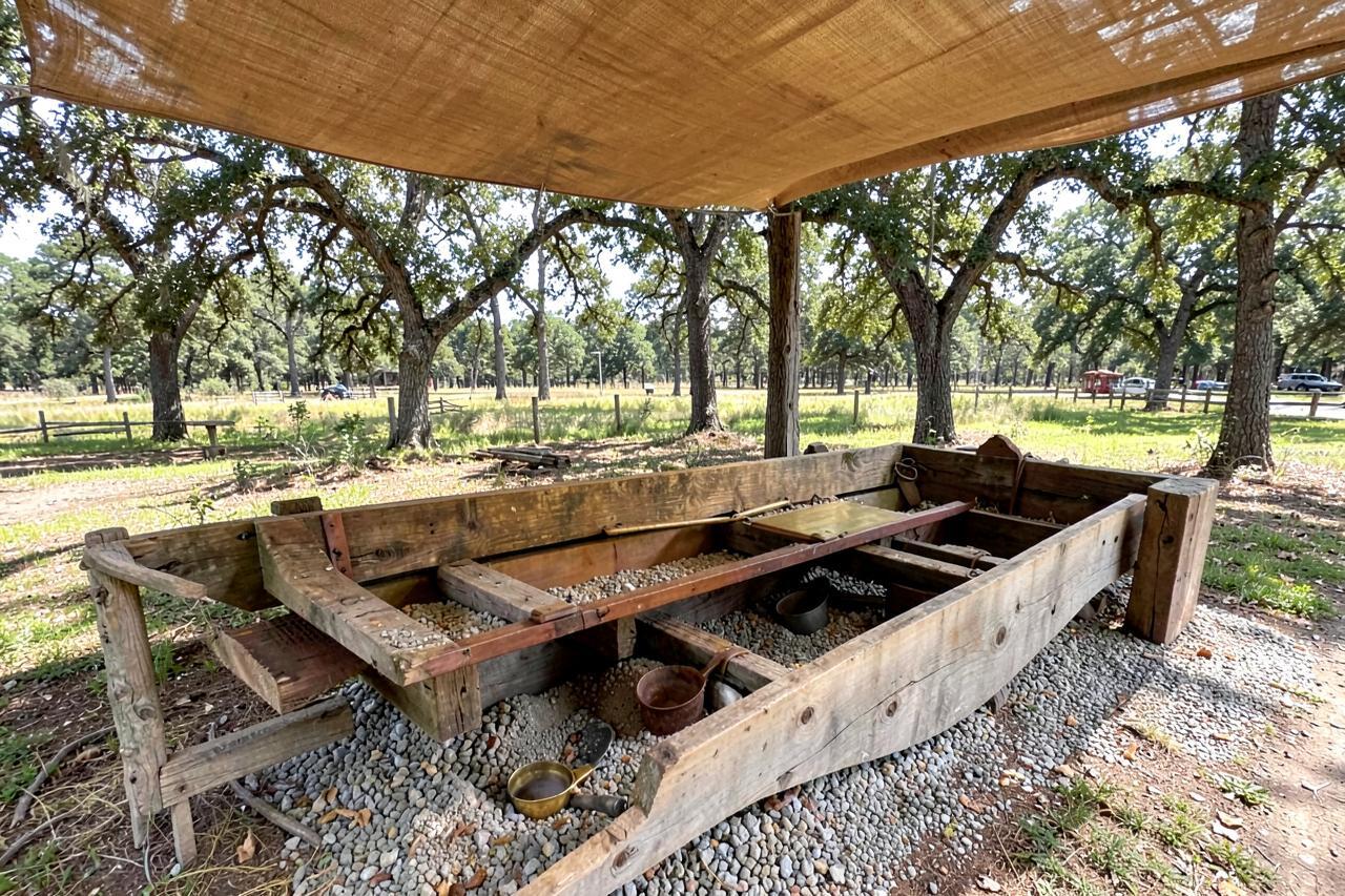 Wooden gold panning troughs and sluices with pans and gravel under a shade canopy